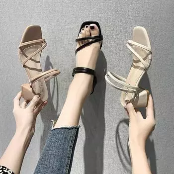 Тапочки на высоком каблуке, женские пикантные сандалии, женские летние тапочки на квадратном каблуке, женские шлепанцы с завязками на открытом воздухе, модные женские сандалии 35