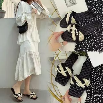 Тапочки Pearl Flat Bottom, женские новые летние стильные тапочки для внешнего ношения, повседневные сандалии, пляжные женские тапочки 35