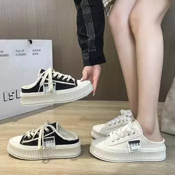 Тапочки-полушапки Lazy Bag Head, женская обувь из парусины, весна, одна педаль, толстая подошва, туфли Muffin Muller 35 бежевый