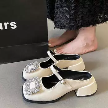 Тапочки-полушапки со стразами и квадратной пряжкой, женская летняя одежда 2025 года, новые модные туфли Мэри Джейн на толстом каблуке серебристого цвета 35 белый