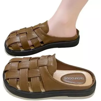 Тапочки-полутапочки SyfIyno Baotou, женская обувь, летняя одежда для дома и улицы 2024 года, ретро-плетение, полые, толстая подошва, римские тапочки, мюли 35 бежевый