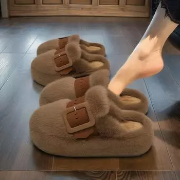 Тапочки повседневная обувь на платформе меховые шлепанцы с закрытым носком женские шлепанцы роскошные плюшевые плоские резиновые с мехом 35 коричневый