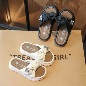 Тапочки принцессы для девочек с бантом на мягкой подошве, детская летняя пляжная обувь, модные тапочки со стразами для маленьких детей, лето 2024 г. 26 чёрный