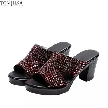 Тапочки ручной работы на высоком каблуке с круглым носком и бриллиантами 35 чёрный