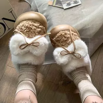 Тапочки с бантом из меха женские удобные плоские туфли на платформе домашняя хлопковая обувь 2024 зимние новые женские плюшевые теплые шлепанцы пушистые мюли 36-37 хаки