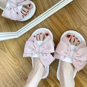 Тапочки с бантом на плоской подошве для женщин 2024 года, летние однорядные тапочки на плоской подошве для универсальных женских тапочек, домашние тапочки 36-37 розовый