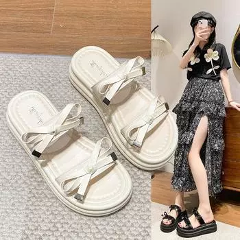 Тапочки с бантом, женская летняя пляжная обувь, верхняя одежда, толстая подошва, увеличивающая рост, повседневные сандалии, тапочки, женская модная летняя дышащая обувь 35