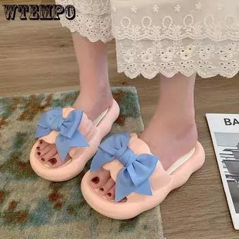 Тапочки с бантом, женские мягкие летние домашние нескользящие тапочки на толстой подошве с одним словом в сказочном стиле