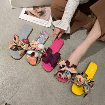 Тапочки с цветной лентой и бантом на плоской подошве, летняя женская новая верхняя одежда с цветочным принтом 35 жёлтый