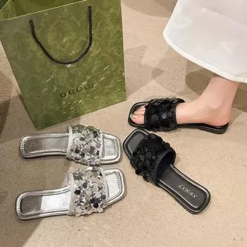 Тапочки с квадратной головкой, женская верхняя одежда, лето 2024, новинка с юбкой, повседневная мода, фея, плоские туфли с блестками 35 серебряный