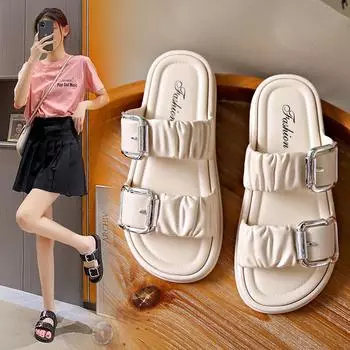 Тапочки с квадратной пряжкой для женщин, летние пляжные новые сандалии на толстой подошве, модные повседневные сандалии для женщин на открытом воздухе 36/37 чёрный