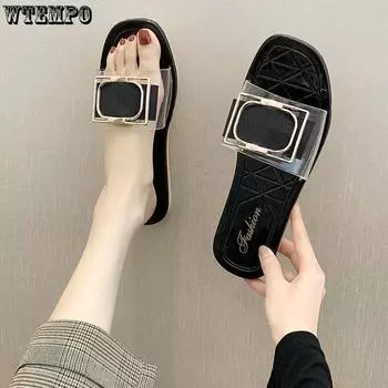 Тапочки с квадратной пряжкой, женские летние пляжные тапочки, женские мягкие сандалии с открытым носком на плоской подошве 36 чёрный