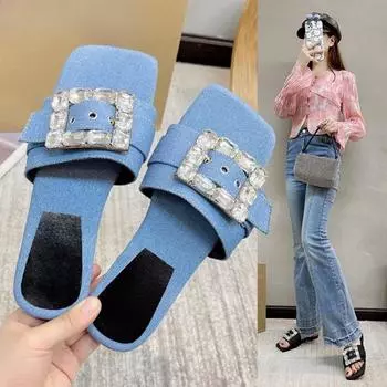 Тапочки с квадратной ромбовидной плоской подошвой для женщин, удобные тапочки с плоской подошвой и полускольжением, удобные и легкие 35 синий