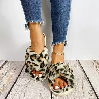 Тапочки с леопардовым принтом, женские осенне-зимние домашние тапочки, плоские нескользящие тапочки с открытым носком 36-37 синий