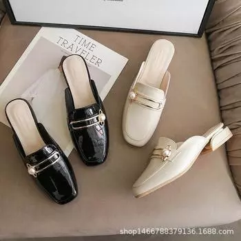 Тапочки с металлической пряжкой Pearl женские летние туфли из лакированной кожи женские шлепанцы сандалии на низком каблуке квадратные носы 4.5 бежевый