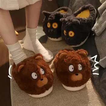 Тапочки с мультяшным медведем для женщин и мужчин, зимние домашние теплые нескользящие туфли из искусственного меха, женские домашние тапочки на плюшевой платформе с милыми животными 36-37 чёрный