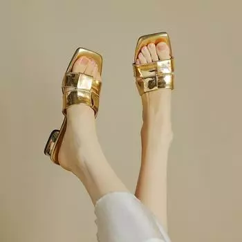 Тапочки с открытым носком больших размеров, женские летние, сандалии на высоком серебристом блочном каблуке, золотистого цвета, среднего каблука 35 золотой