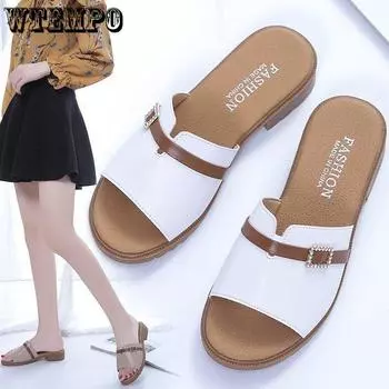 Тапочки с открытым носком, женская верхняя одежда, весенне-летняя корейская версия, тапочки на низком каблуке на грубом каблуке, женские повседневные домашние тапочки 35 белый