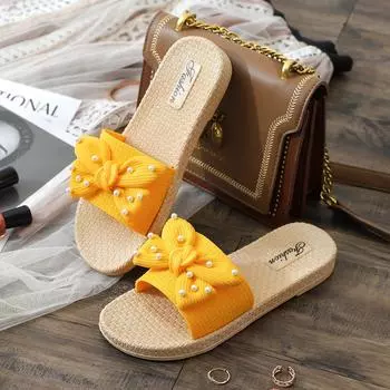 Тапочки с перламутровым бантом, женские, новые, модные, повседневные, на плоской подошве, для дома и улицы, классные тапочки 36 жёлтый