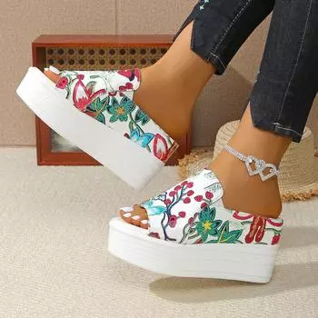 Тапочки с принтом на толстой танкетке и принтом в виде рыбьего рта, женские летние тапочки с подошвой-буфом, классные пляжные тапочки 36 белый