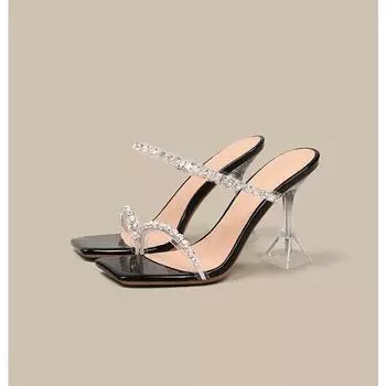 Тапочки с прозрачным ремнем и стразами, женские летние новые корейские туфли на высоком каблуке, универсальные модные сандалии 35