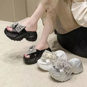 Тапочки с ромбовидным бантом для женщин, для улицы, лето, новый стиль, с открытыми носками, толстая подошва, прямые, с перекрестными ремешками, увеличивающие высоту, для охлаждения 35 серебряный