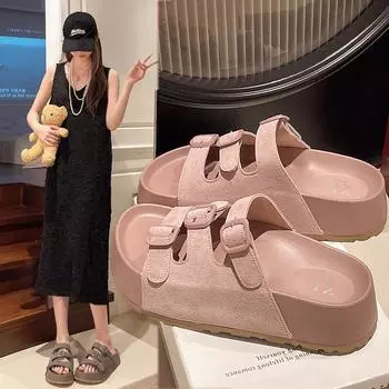 Тапочки с толстой подошвой, женская верхняя одежда, летняя повседневная ретро-пряжка на ремне, одно слово, классные тапочки, женская мода, летняя дышащая обувь 35