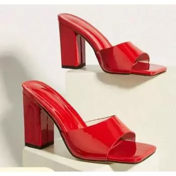 Тапочки с треугольным необычным каблуком и квадратным носком из лакированной кожи, сексуальные модные женские туфли, слайдеры, зеленые, однотонные, летние, новые, для отдыха на природе 35