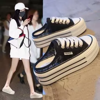 Тапочки с закрытым носком, женская летняя одежда, новые туфли на платформе с сеткой, универсальные дышащие сетчатые полутапочки 35 белый