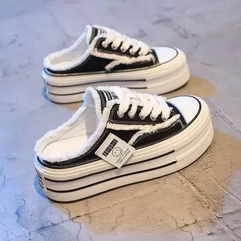 Тапочки с закрытым носком, женская летняя одежда, новые парусиновые туфли, универсальные, без каблука, полутапочки-ленивцы, толстая подошва, нищенские туфли 35 чёрный