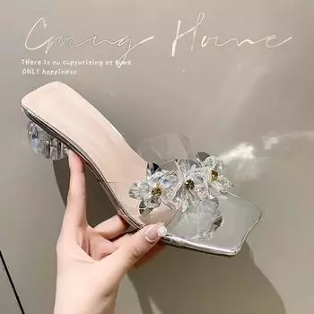 Тапочки, сандалии на высоком каблуке со стразами, женские летние новые женские шлепанцы из ПВХ с открытым носком без шнуровки, необычные стильные босоножки на каблуке 34 серебряный