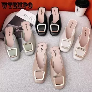 Тапочки, сандалии, женские летние модные верхняя одежда, полутапочки с квадратной пряжкой, не протекающие пальцы, на один размер немного меньше 36