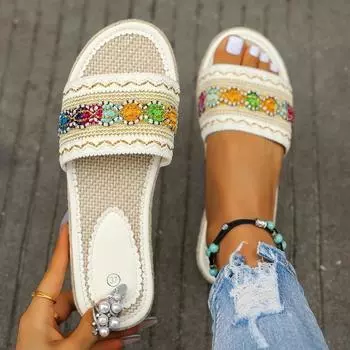 Тапочки-сапожки для женщин, летние, повседневные, с открытым носком, со стразами, на плоской подошве, с мягкой подошвой, на высоком каблуке для женщин 36 белый