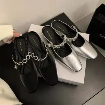 Тапочки со стразами, новые сандалии для работы на открытом воздухе, шлепанцы, мюли, низкий каблук, белые туфли для женщин с удобным роскошным корейским стилем 35 серебряный