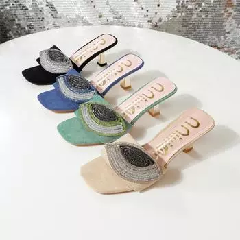 Тапочки со стразами, тапочки на высоком каблуке, сексуальная женская летняя верхняя одежда, удобные пляжные сандалии на платформе, тапочки, женские сандалии 36 чёрный