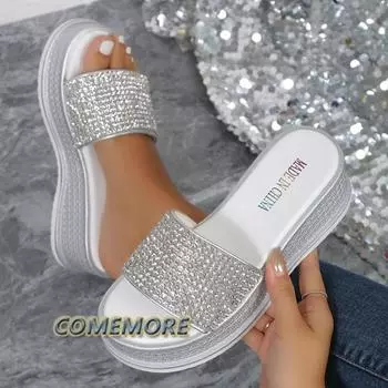 Тапочки со стразами, женская летняя обувь, женская модная пляжная обувь, дизайнерские шлепанцы, женские повседневные удобные шлепанцы на платформе 35 чёрный