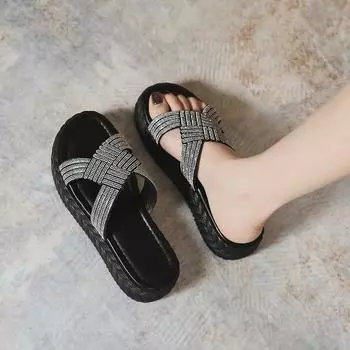 Тапочки со стразами, женская летняя обувь, женские летние толстые тапочки на танкетке, повседневные нескользящие сандалии-шлепанцы, женские 36