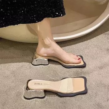 Тапочки со стразами женская летняя одежда 2025 новая мода с юбками ниша универсальные толстые каблуки популярные босоножки женская обувь 35