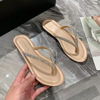Тапочки со стразами, женская новая летняя обувь, женские модные блестящие шлепанцы, мягкие удобные тапочки на плоской подошве, золотые пляжные сандалии 35 серебряный