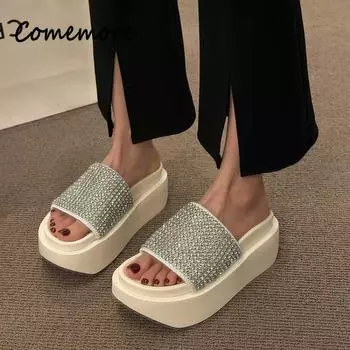 Тапочки со стразами женские туфли-мюли на высокой платформе модные шлепанцы сандалии для вечеринок 2024 летние повседневные шлепанцы Mujer Zapatillas 36-37 чёрный