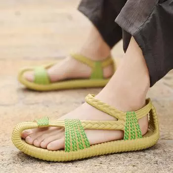 Тапочки, тканые дизайнерские пляжные сандалии, дышащие повседневные мужские сандалии на плоской подошве, уличные сандалии для пар 36 чёрный