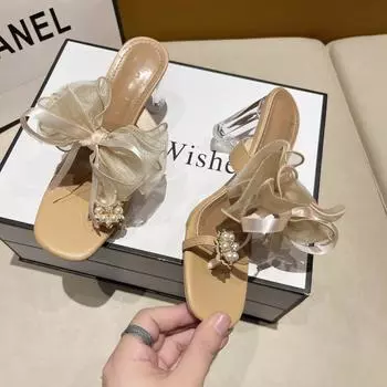 Тапочки, туфли для женщин, летние босоножки, супер высокие каблуки, прозрачные, милый бант, сексуальное, элегантное, вечернее платье, роскошные, массивные 35 абрикосовый