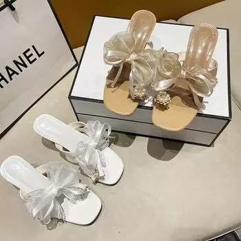 Тапочки, туфли для женщин, летние босоножки, супер высокие каблуки, прозрачные, милый бант, сексуальное, элегантное, вечернее платье, роскошные, массивные 35 белый