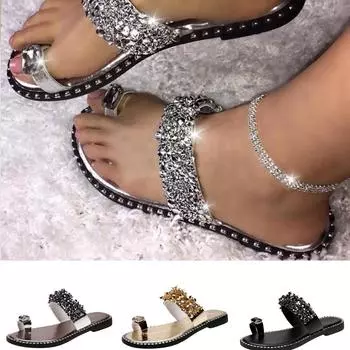 Тапочки, женская обувь, летние сандалии, пляжные тапочки с ананасами на плоской подошве, шлепанцы на открытом воздухе, женская обувь с блестящими кристаллами 35 чёрный