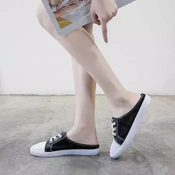 Тапочки, женская верхняя одежда, модные летние новые универсальные ленивые туфли с плоской подошвой и сеткой, дышащие кожаные белые туфли с полуволокном 34 белый