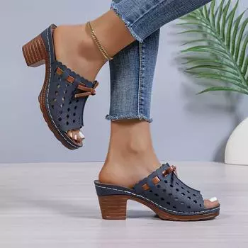 Тапочки женские 2024 новые толстые каблуки однотонные высокие каблуки сандалии большого размера рыбий рот квадратная пряжка повседневные тапочки мода 36 синий