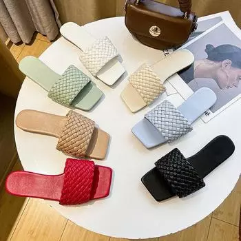 Тапочки женские 2025 летние однословные плетеные пояса, легкие женские сандалии, корейская версия lazy stalls, с пляжной обувью 35 белый