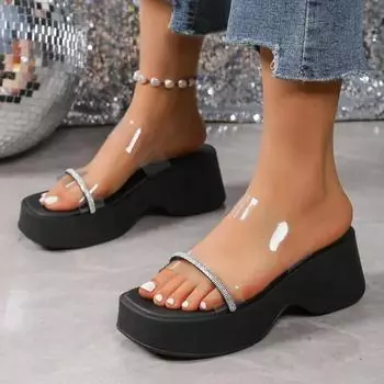 Тапочки женские 2025 Высококачественные женские тапочки с открытым носком на платформе для улицы Женские повседневные женские сандалии с кристаллами на платформе 35 бежевый