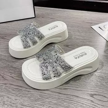 Тапочки женские для улицы, увеличивающие рост, летние новые жемчужные, с мягкой подошвой, пляжные, увеличивающие рост 35 бежевый