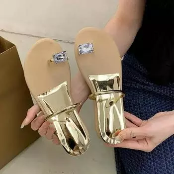 Тапочки женские хрустальные роскошные туфли на плоской подошве летние сандалии новые модные шлепанцы дизайнерское платье слингабка пляжные шлепанцы Mujer 35 золотой